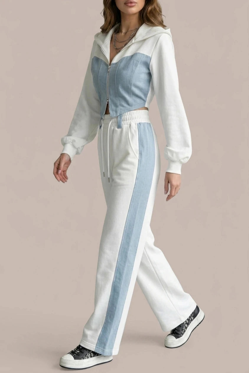 Cropped Zip Hoodie Wide Leg Sweatpants Denim Splice Two-Piece Hoodie & Sweatpant Set