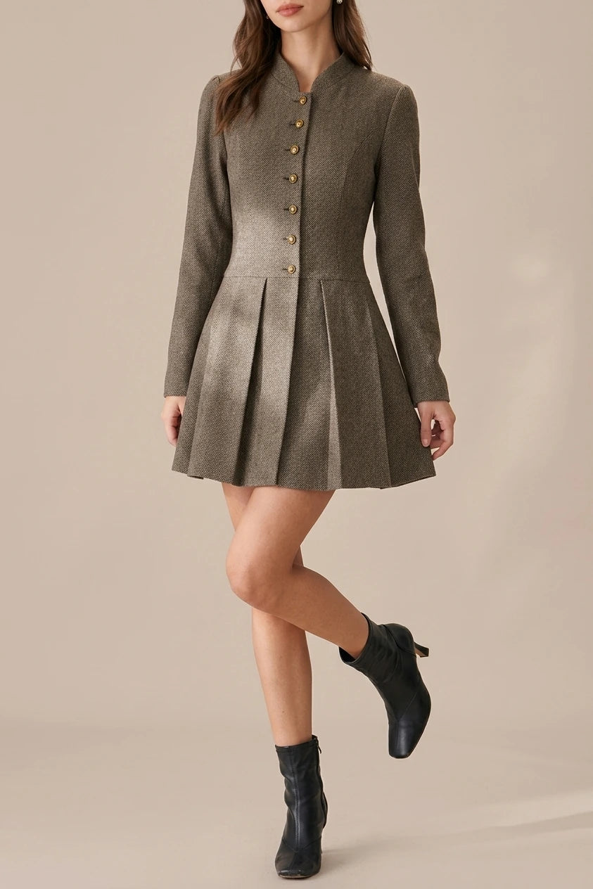 Brown Button Pleated Mini Dress — variant_front
