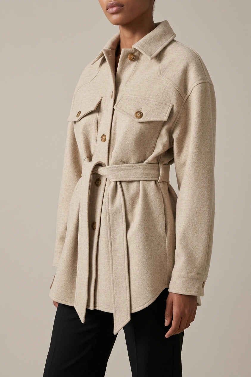 Women's Belted Shacket with Button Front and Chest Pockets — variant_front