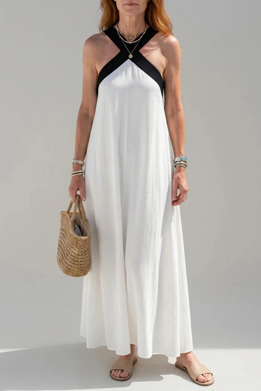 Crisscross Halter Neck Contrast Strap Sleeveless Maxi Dresses