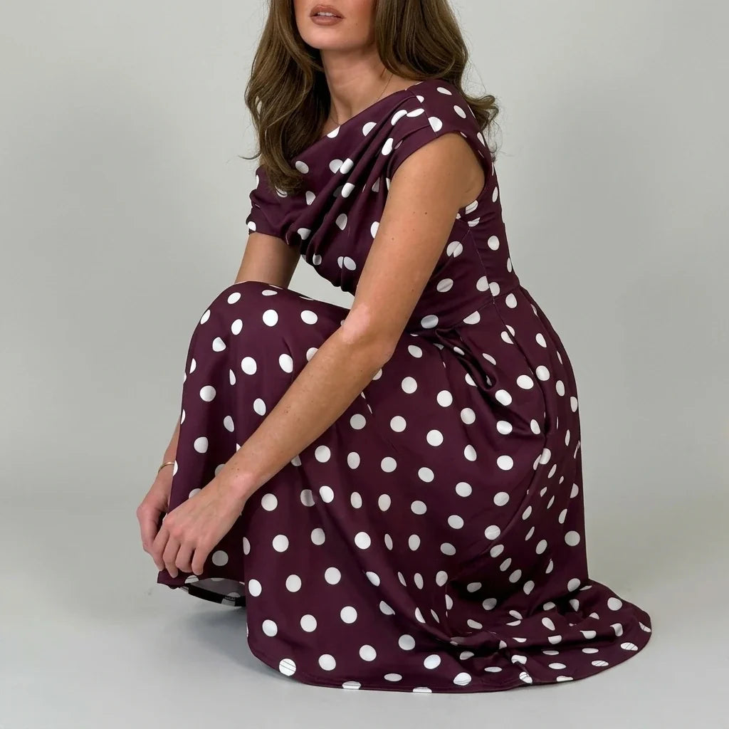 Betty Asymmetric Neckline Skater Midi Berry Polka — variant_front