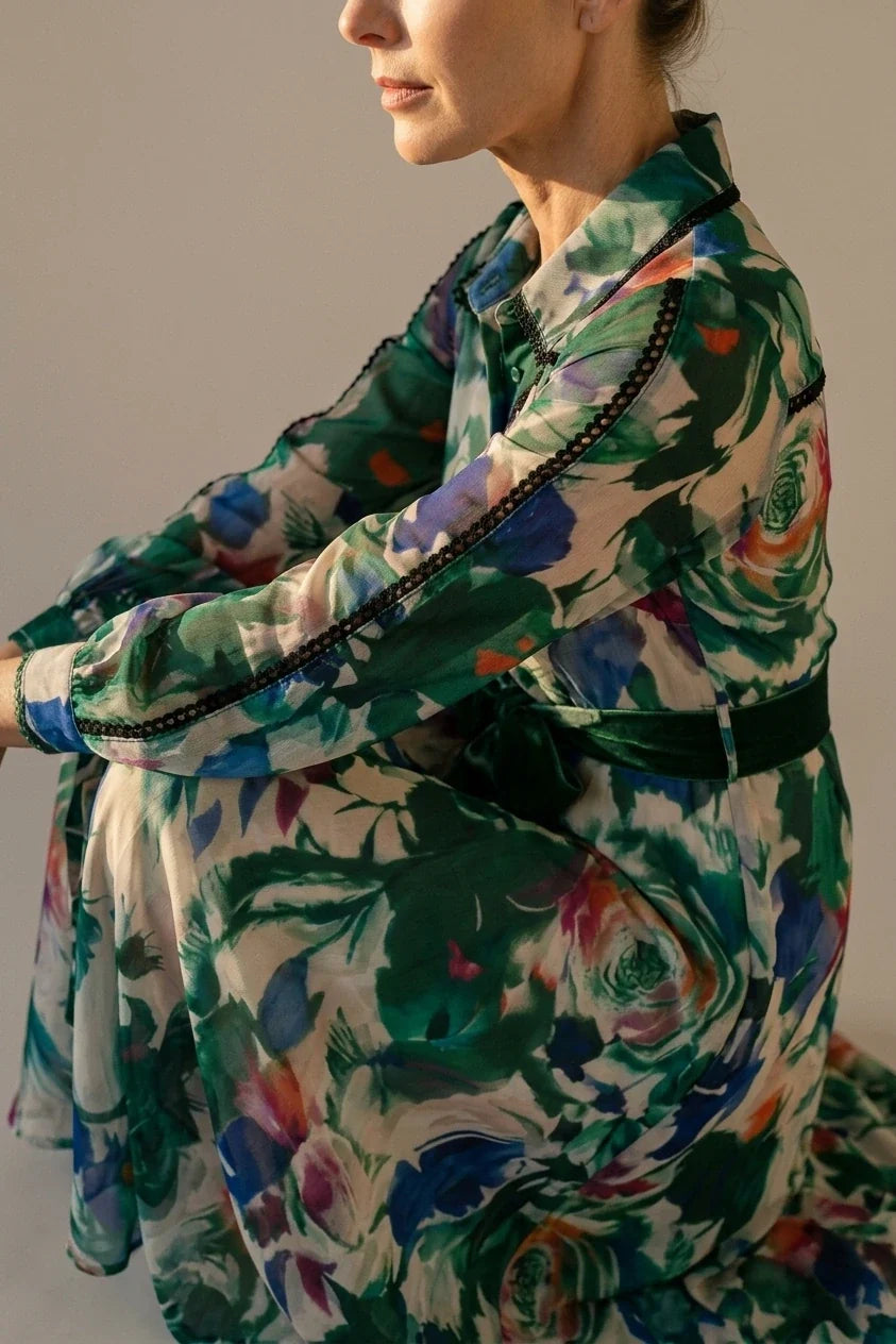 Carolina | Long Sleeve Printed Belted Maxi Dress — variant_front