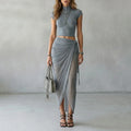 Draped Mesh Elegance Two-Piece Set With Crop Top And Draped Wrap Skirt