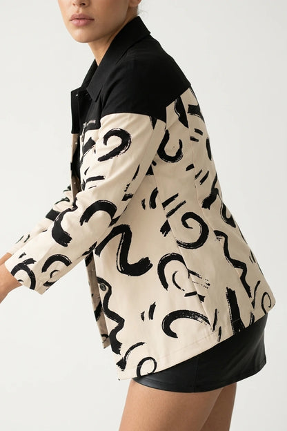 Printed Shacket with Contrast Collar and Zip Chest Pocket — variant_front