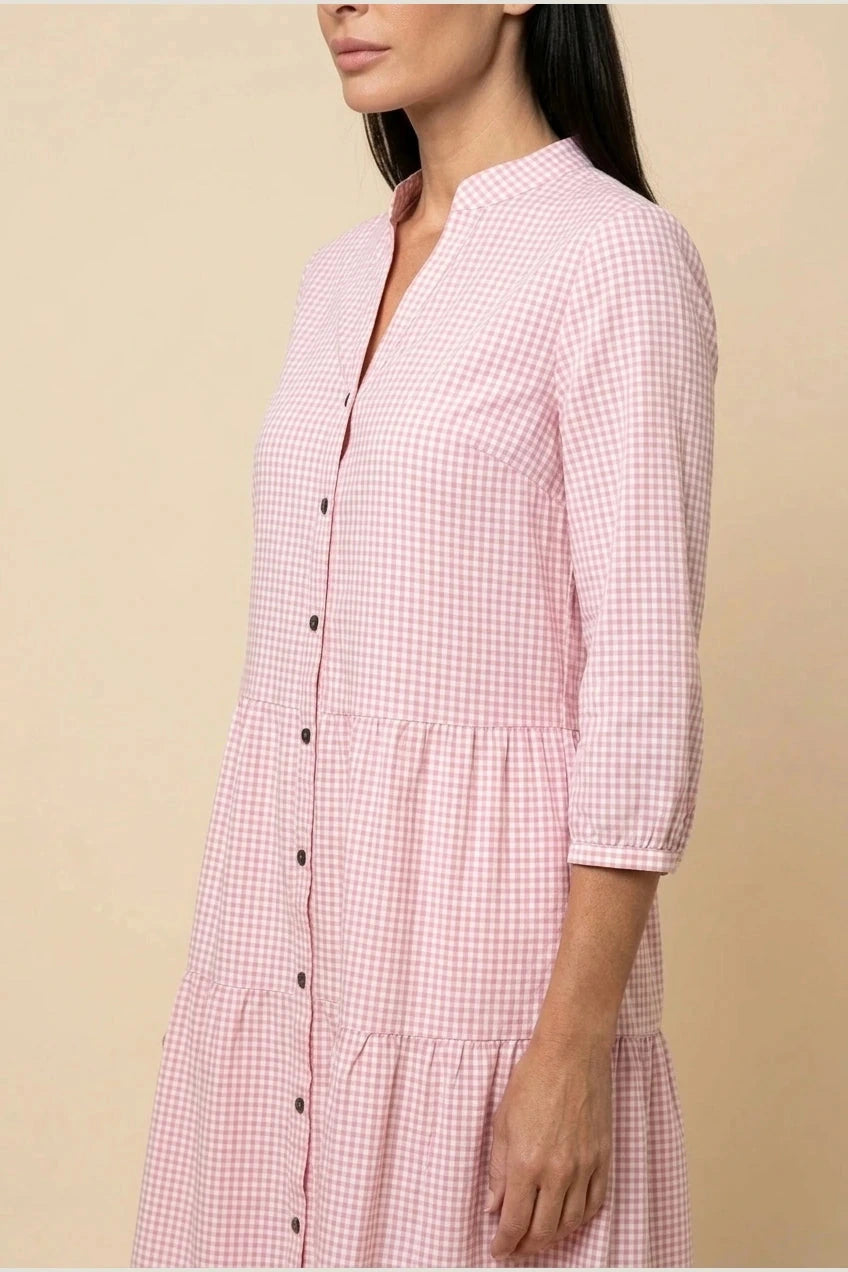 Button Front Gingham Tiered Dress With V Neck And Three-Quarter Sleeves
