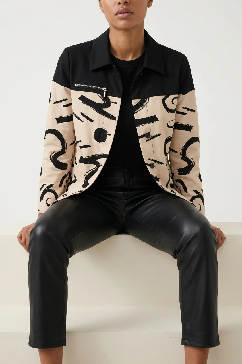 Printed Shacket with Contrast Collar and Zip Chest Pocket — variant_front