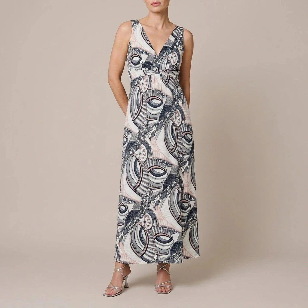 Abstract Print A-Line Maxi Dress V-Neck Sleeveless Empire Waist