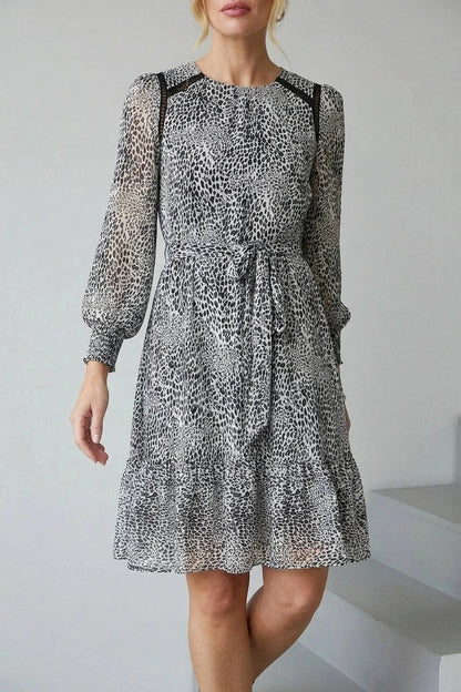 Animal Print Long Sleeve Dress Tie Waist Midi With Sheer Sleeve Ruffle Hem