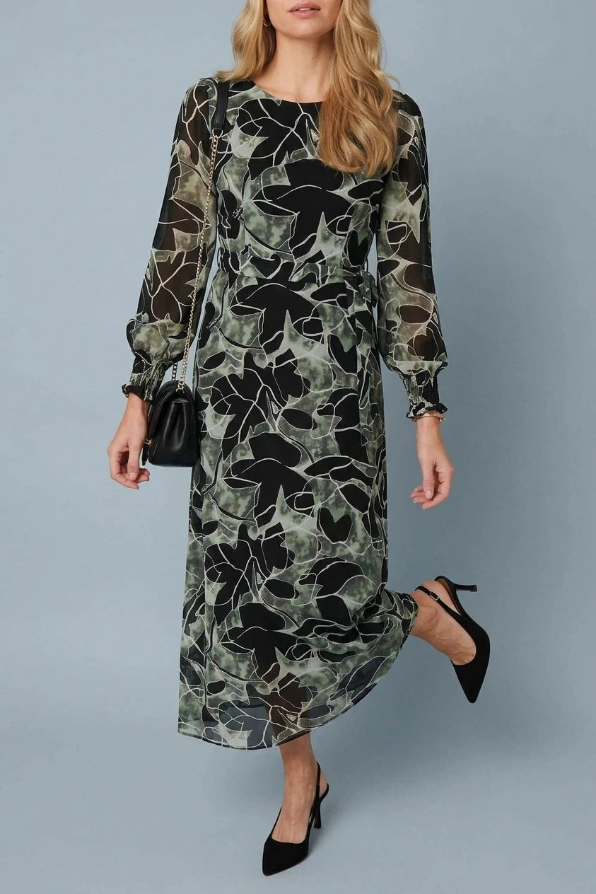 Abstract Long Sleeve Layered Maxi Dress With Sheer Sleeves And Tie Waist