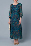 Abstract Long Sheer Sleeve Maxi Dress, Belted Waist, Round Neck