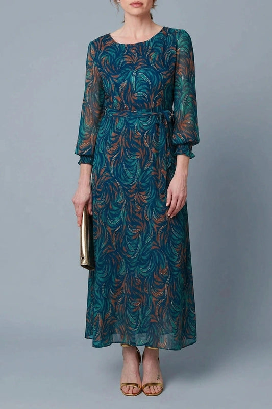 Abstract Long Sheer Sleeve Maxi Dress, Belted Waist, Round Neck