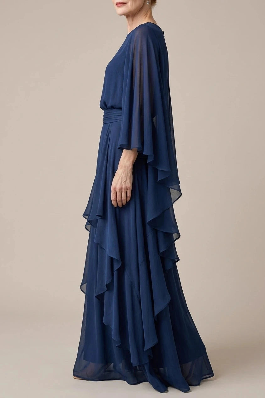 Layered Sleeve Drape Waist Midi Dress With Ruffle Side Panels
