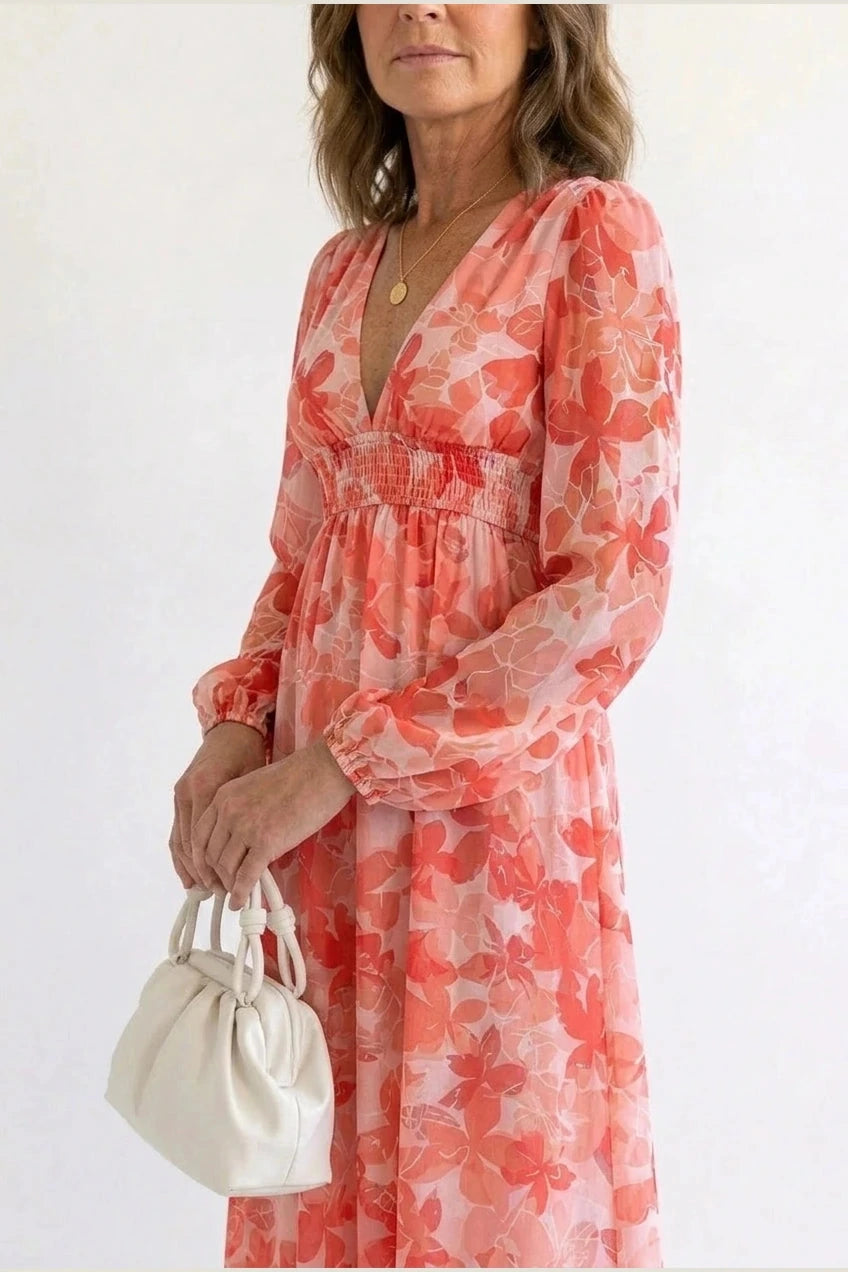 Printed Long Sleeve V-Neck Maxi Dress With Smocked Waist