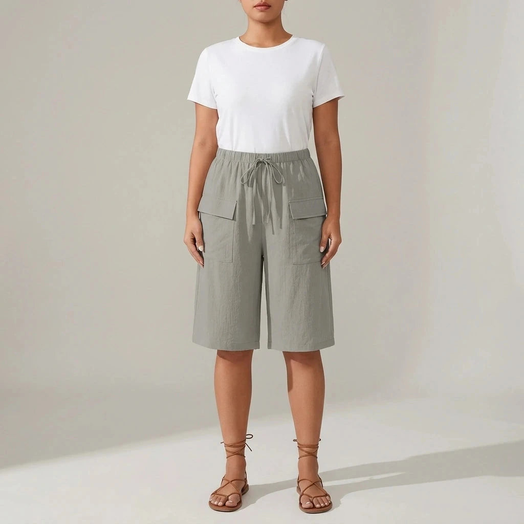 Bermuda Shorts With Elasticated Waistband And Adjustable Drawstring, Patch Pockets
