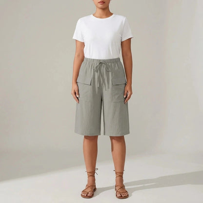 Bermuda Shorts With Elasticated Waistband And Adjustable Drawstring, Patch Pockets