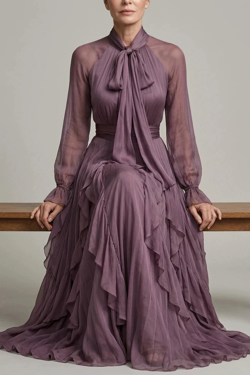 Tie Neck Ruffle Tiered Maxi Dress Long Sleeve High Neck Tie Detail