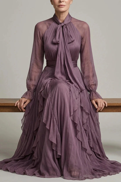 Tie Neck Ruffle Tiered Maxi Dress Long Sleeve High Neck Tie Detail