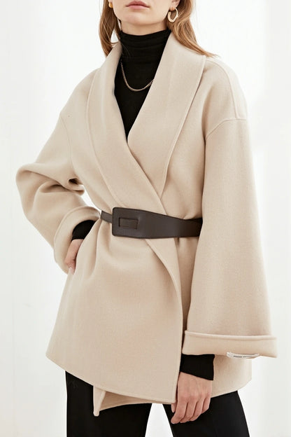 Women's Wrap Coat with Wide Lapel Collar and Tie Belt — variant_front