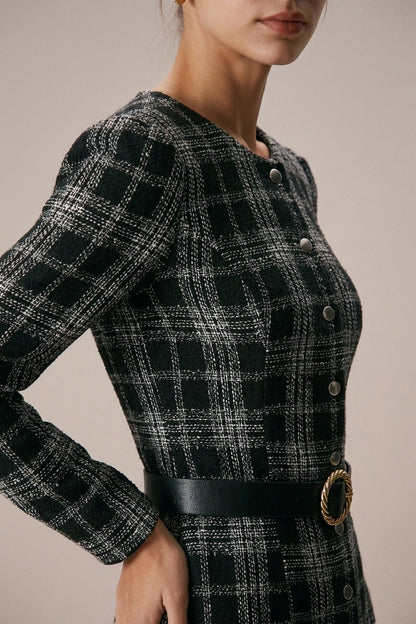 The Black Crew Neck Plaid A-Line Mini Dress — variant_front
