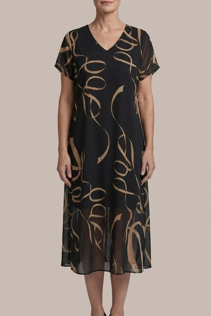 V Neck Short Sleeve Midi Dress With Abstract Print