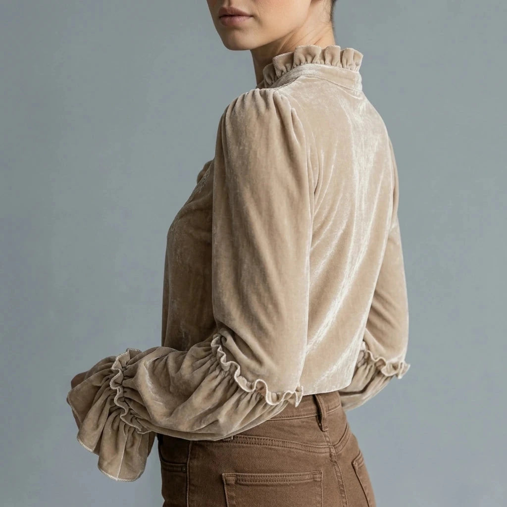 Embroidered Velvet Blouse Lace-Trimmed Romantic Floral Statement Top