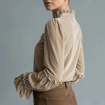 Embroidered Velvet Blouse Lace-Trimmed Romantic Floral Statement Top