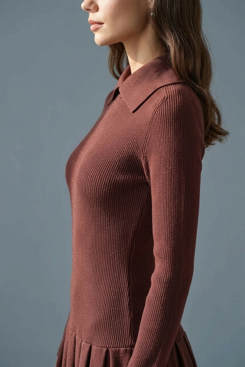 Coffee A-Line Pleated Sweater Dress — variant_front