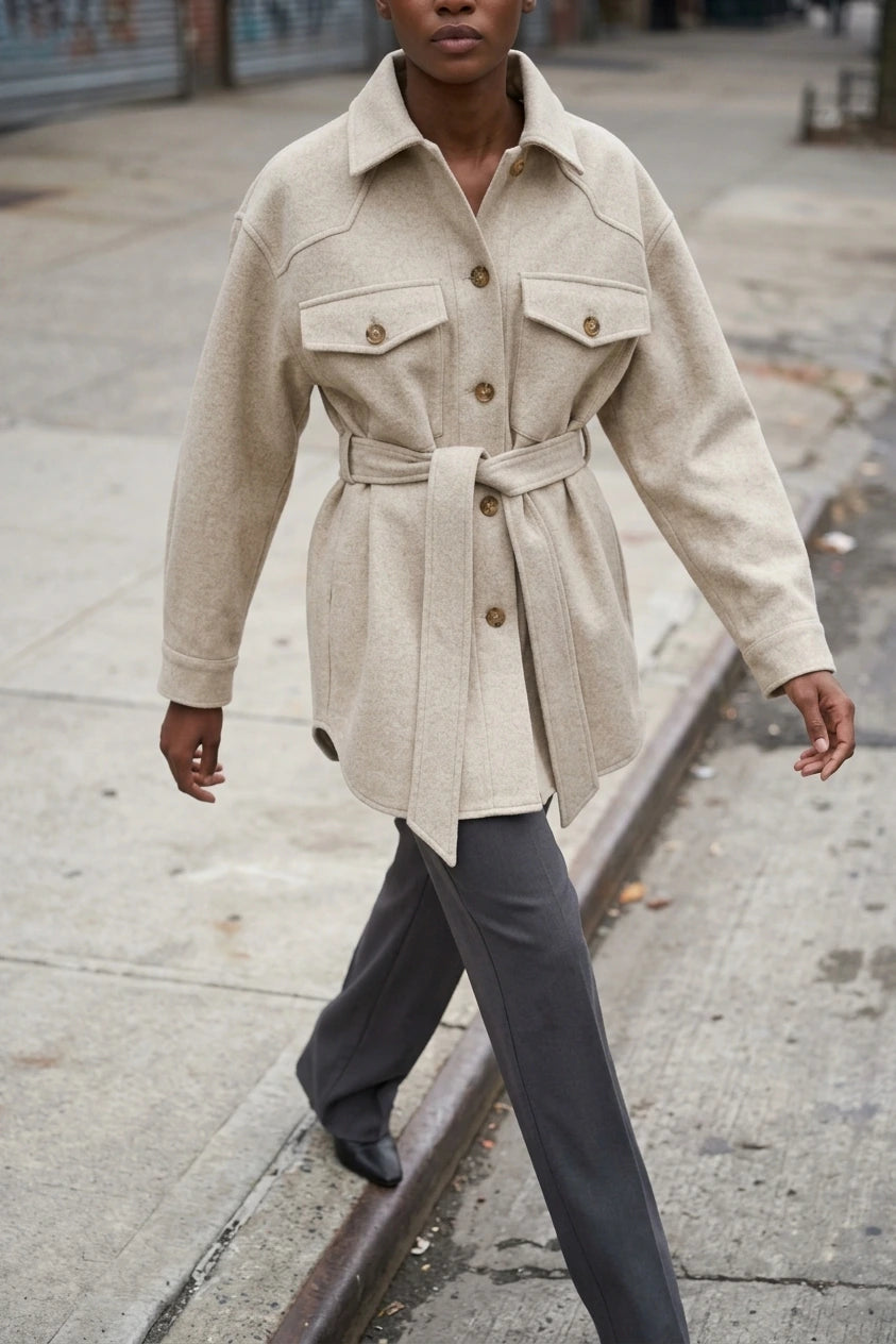 Women's Belted Shacket with Button Front and Chest Pockets — variant_front