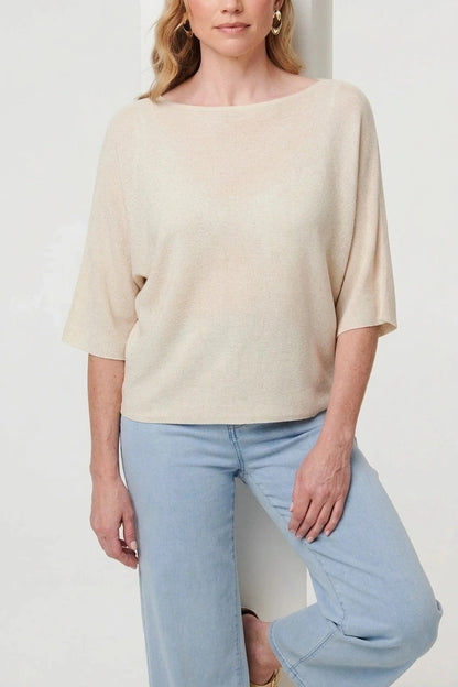 3/4 Sleeve Boxy Boat Neck Knit Top Lightweight Pullover