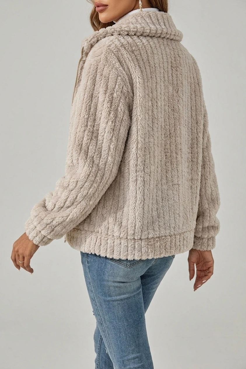 Cosy Teddy Fleece Jacket with Wide Collar and Ribbed Texture — variant_front