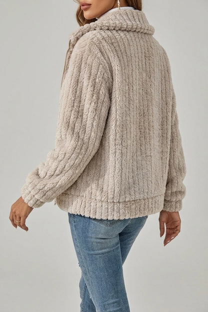Cosy Teddy Fleece Jacket with Wide Collar and Ribbed Texture — variant_front