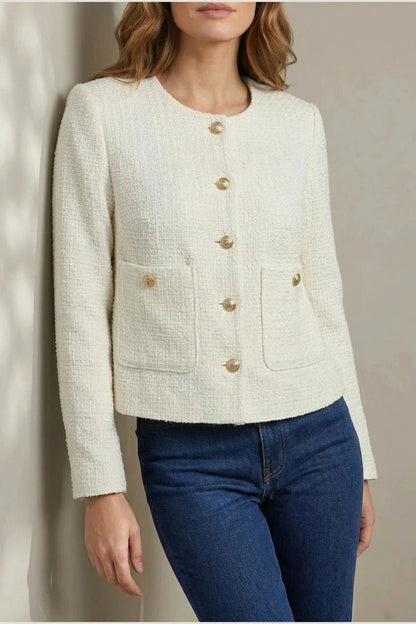 Minimalist Design Blazer Collarless Button-Front Patch Pocket Jacket