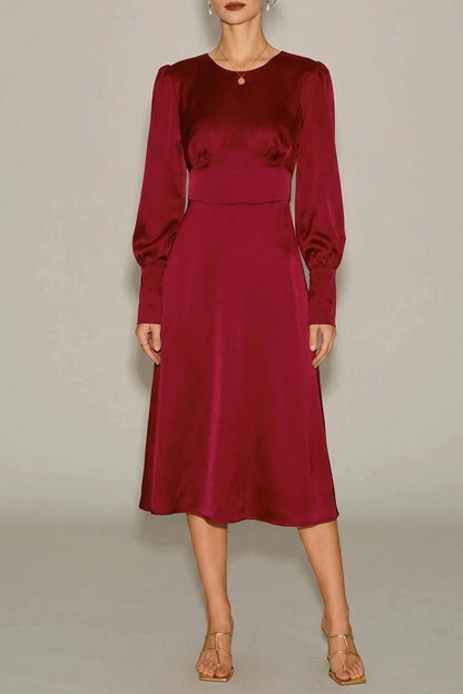 Wine Red Satin A-Line Midi Dress — variant_front