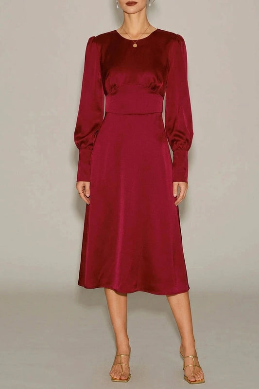 Wine Red Satin A-Line Midi Dress — variant_front