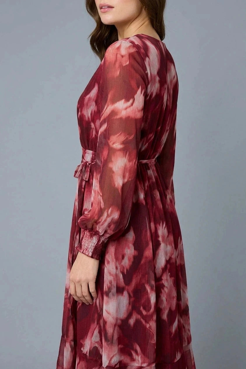 Abstract Floral Semi Sheer Midi Dress V-Neck Tie Waist Long Sleeves