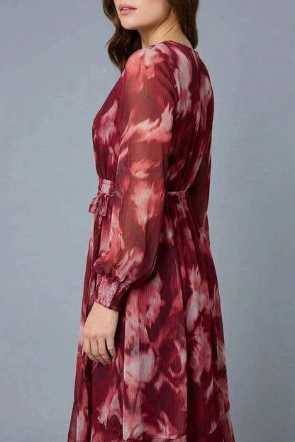 Abstract Floral Semi Sheer Midi Dress V-Neck Tie Waist Long Sleeves
