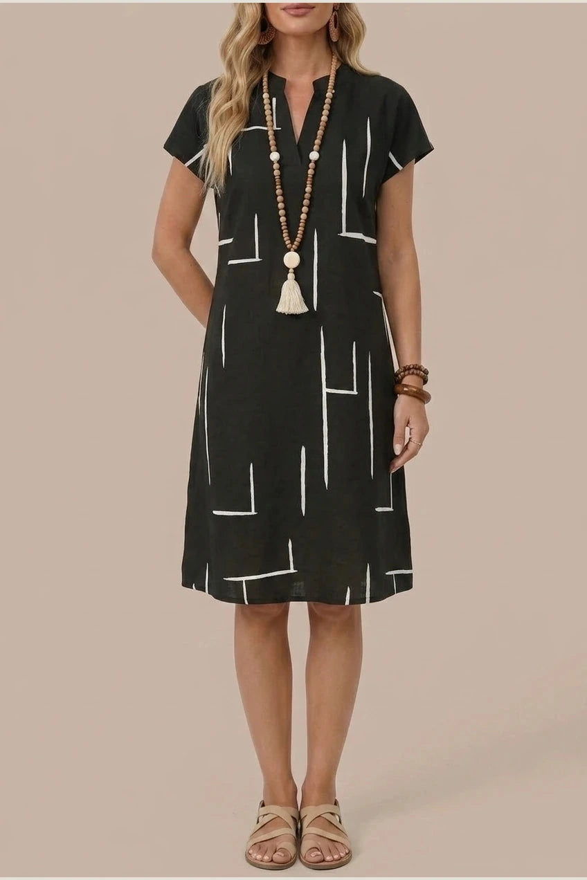 Notch Neck Shift Short Sleeve Knee Length Dresses With Abstract Print