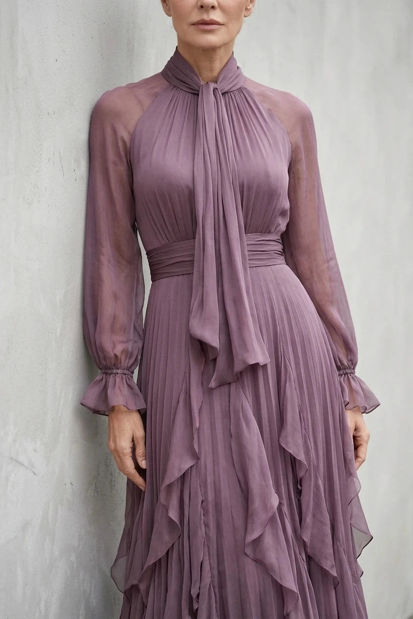 Tie Neck Ruffle Tiered Maxi Dress Long Sleeve High Neck Tie Detail