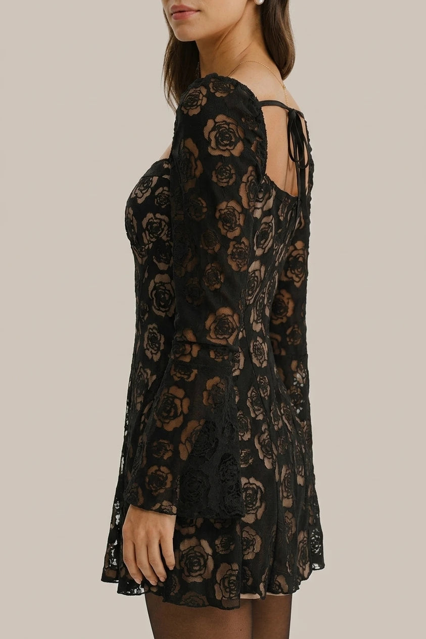 Black See Through Bell Sleeve Mini Dress — variant_front