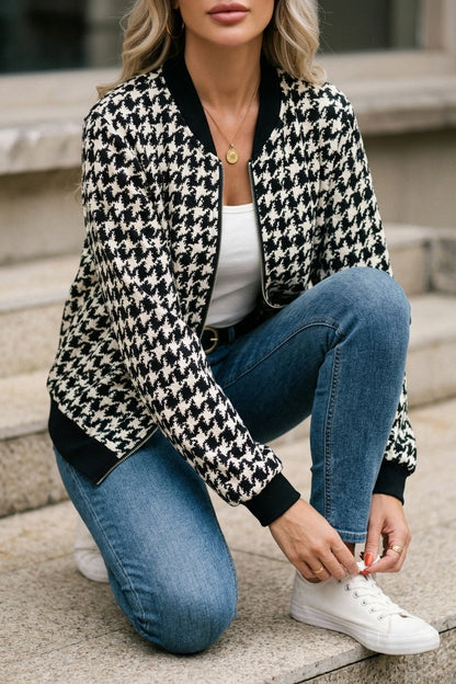 Chic Houndstooth Bomber Jacket with Black Ribbed Trim — variant_front