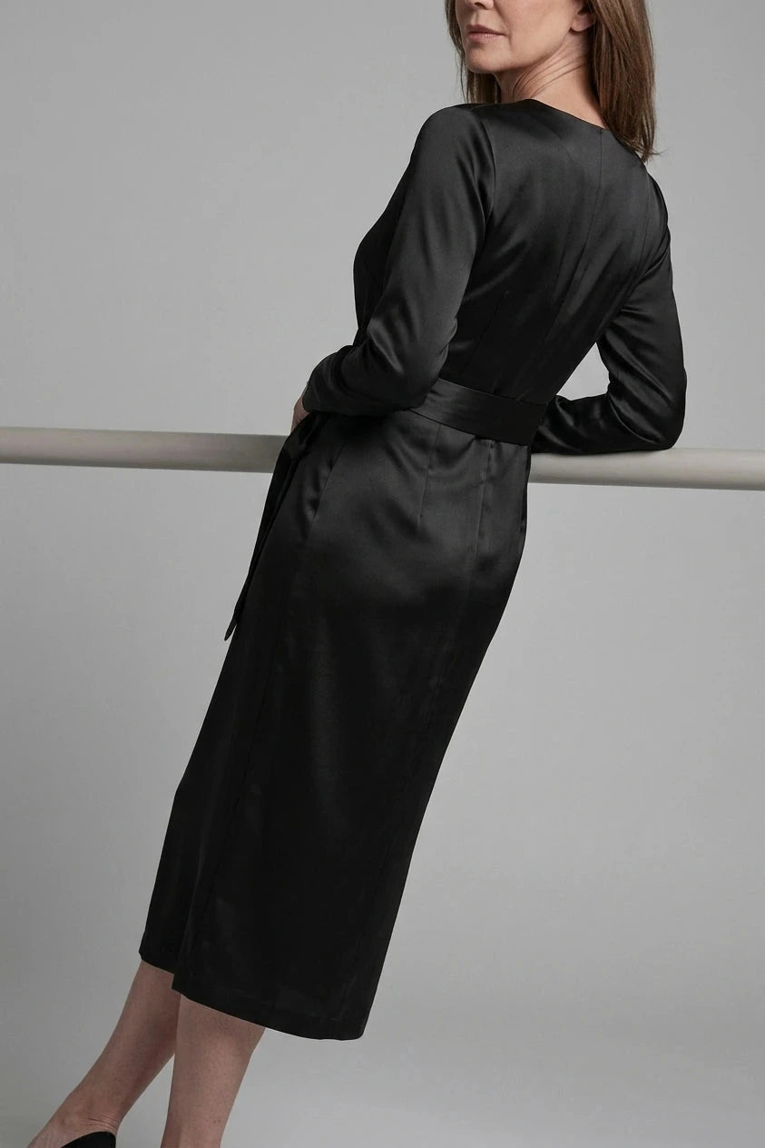 Satin Wrap Midi Dress With V-Neck Tie Waist And Long Sleeves