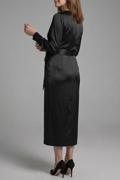 Satin Wrap Midi Dress With V-Neck Tie Waist And Long Sleeves