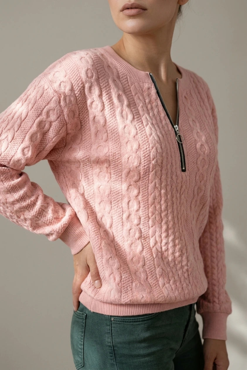 Women's Cable Knit Jumper with Half Zip and Long Sleeves — variant_front
