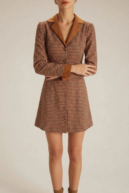 The Brown Plaid Spliced Suede Mini Dress — variant_front