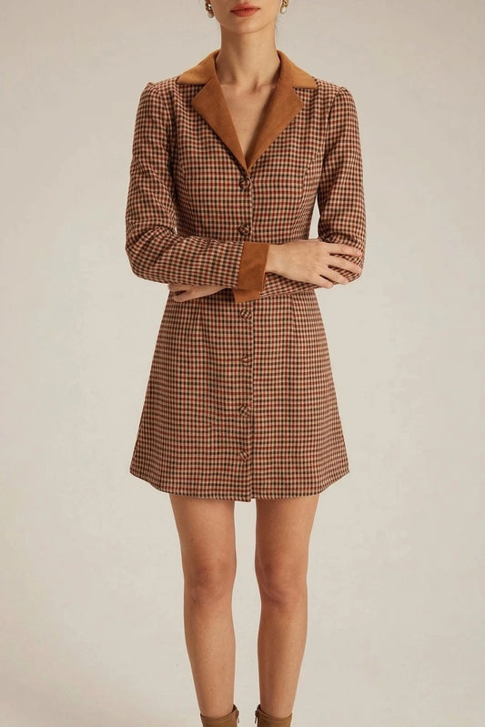 The Brown Plaid Spliced Suede Mini Dress — variant_front