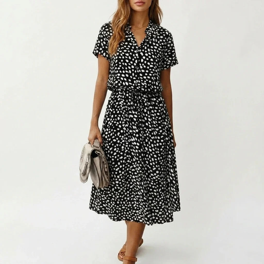 Women's Midi Dress with Button Front and Drawstring Waist — variant_front
