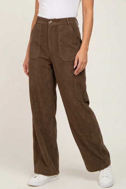 Retro High Waist Wide Leg Corduroy Trousers with Front Pockets — variant_front