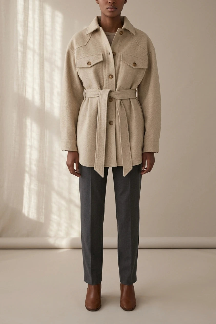 Women's Belted Shacket with Button Front and Chest Pockets — variant_front