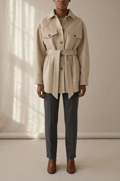Women's Belted Shacket with Button Front and Chest Pockets — variant_front