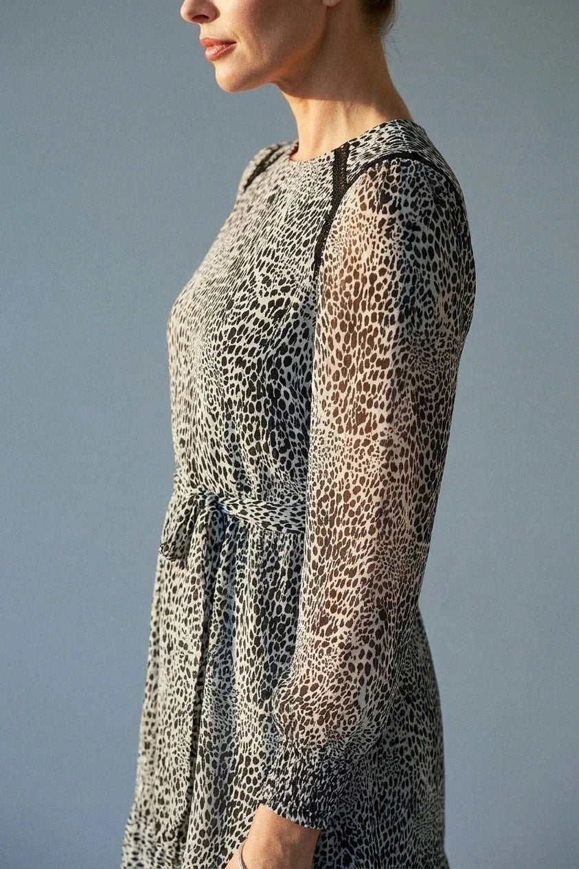 Animal Print Long Sleeve Dress Tie Waist Midi With Sheer Sleeve Ruffle Hem